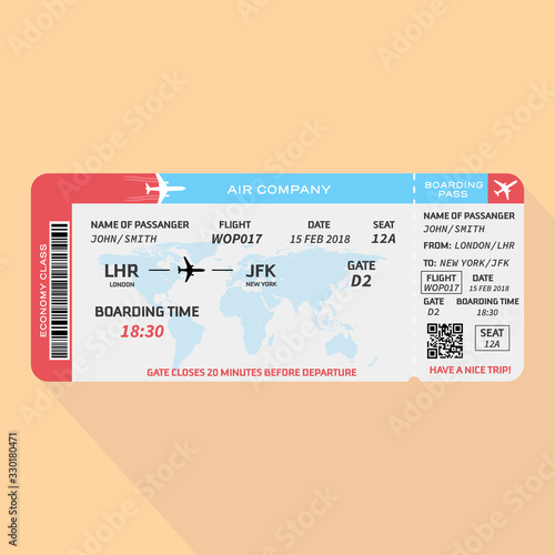 	 Vector illustration of pattern of airline boarding pass ticket. Concept of travel, journey or business trip. Isolated on background with long shadow. Flat design vector illustration 