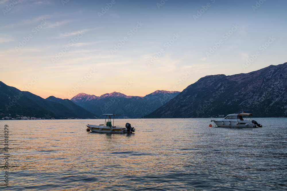 Sunny morning view of Kotor bay near village Dobrota, Montenegro.