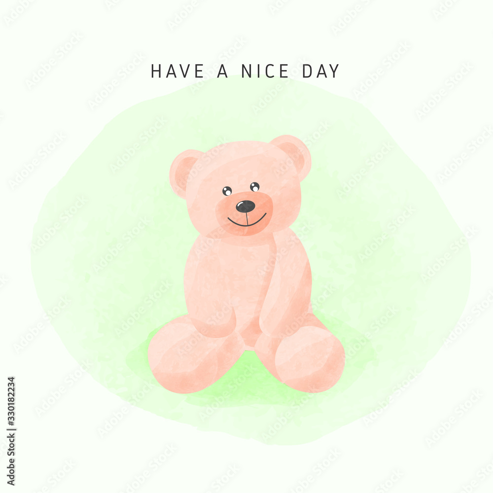 Greeting card or poster with cute bear sitting on green in watercolor style. Greeting card or poster with cute bear sitting on green in watercolor style.