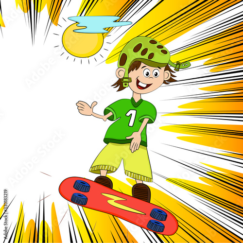 Scateboarding boy, Sport children cartoon. Outlined Kids Physical Activities Vector Illustration.