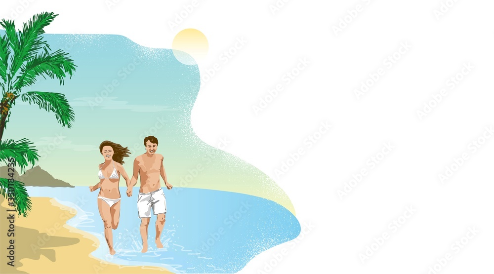 Vector illustration man and woman run along the seashore, sketch of couple hold hands walking beach