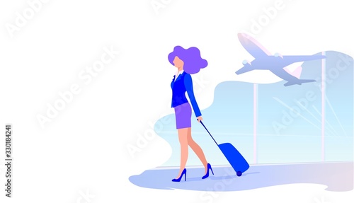 Vector illustration of a young woman walking with a suitcase at the airport, girl stewardess hurries to the plane