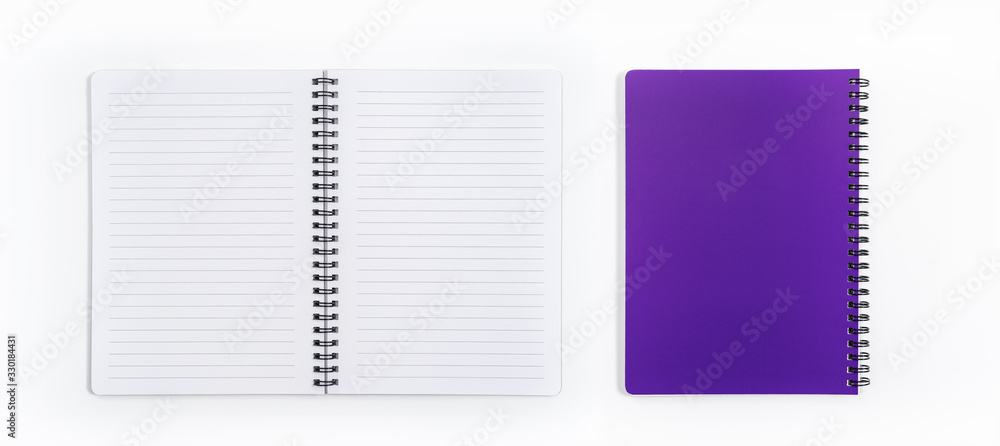 Business concept - Top view collection of spiral kraft notebook front, purple And white open page isolated on background for mockup Business concept - Top view collection of spiral kraft notebook front, purple And white open page isolated on background for mockup