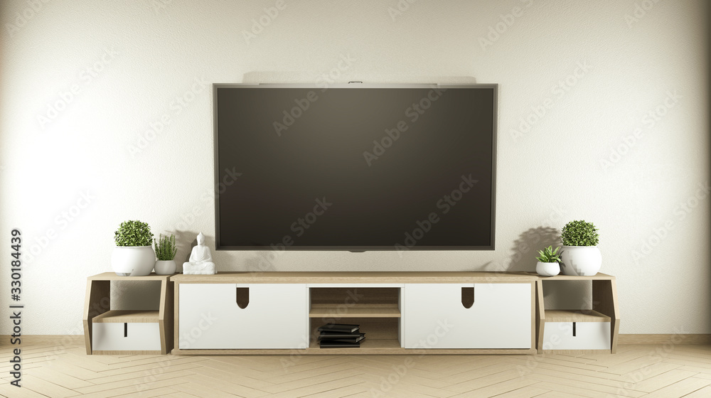 Tv on wooden cabinet in modern empty room and white wall on white floor room japanese style. 3d rendering Tv on wooden cabinet in modern empty room and white wall on white floor room japanese style. 3d rendering