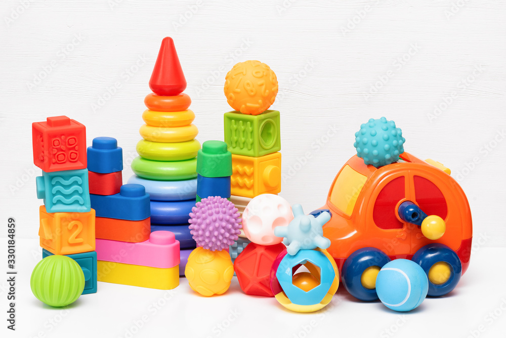 Various children toys on white background. Various children toys on white background.