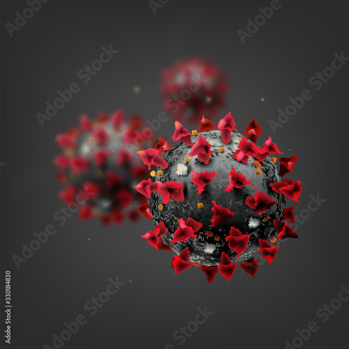 COVID-19 Chinese coronavirus under the microscope. Realistic vector 3d illustration. Pandemic, disease. Floating China pathogen respiratory influenza covid virus cells