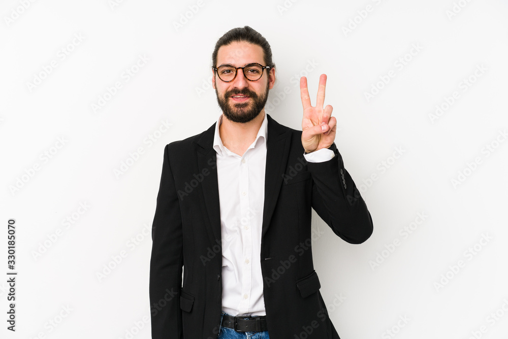 Young caucasian business man isolated on a white background showing number two with fingers. Young caucasian business man isolated on a white background showing number two with fingers.