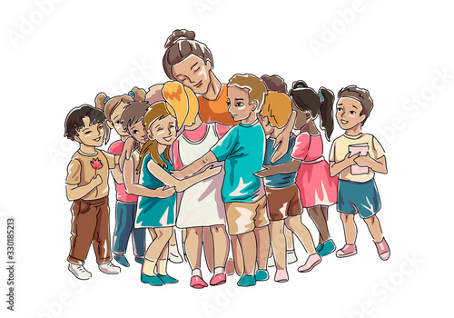 Children hugging their teacher or educator sitting down. Vector isolated illustration