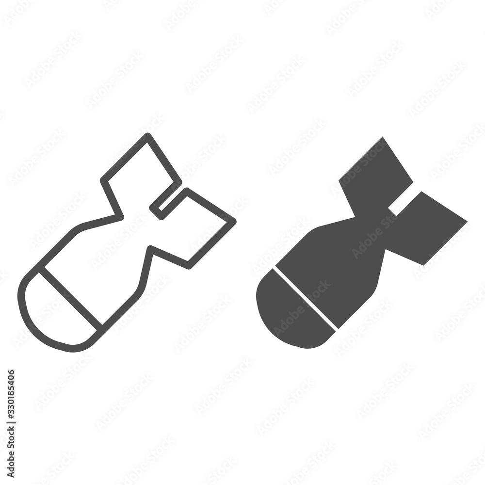 Atomic bomb line and solid icon. Nuclear ammunition, air rocket symbol