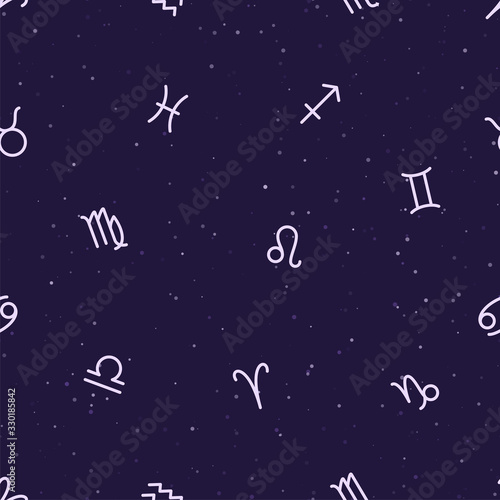 Seamless zodiac pattern of horoscope signs on a dark space background with stars