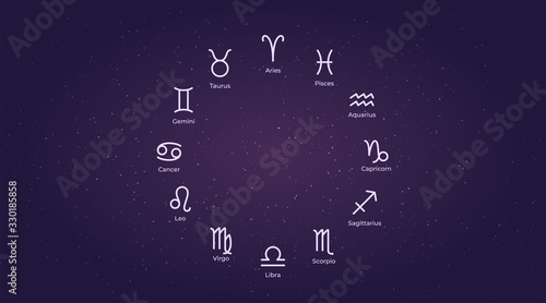 Horoscope zodiac signs. Astrological vector pictogram symbols. Simple set of outline icons on a space background.