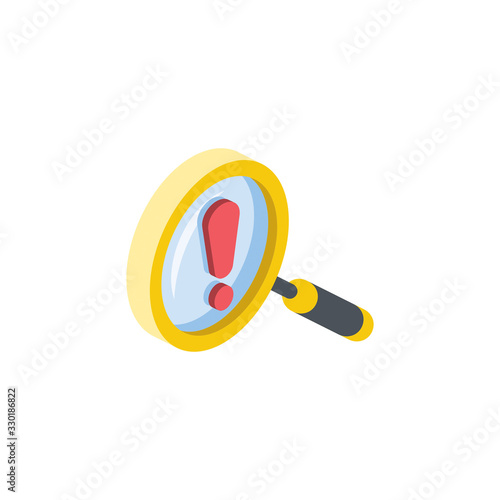 Magnifier search exclamation mark. Vector 3d isometric, color web icon, new flat style. Creative illustration design, idea for infographics.