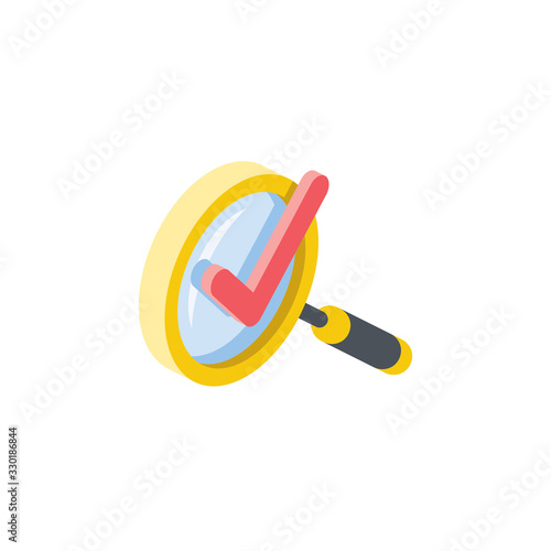 Magnifier search checkmark. Vector 3d isometric, color web icon, new flat style. Creative illustration design, idea for infographics.