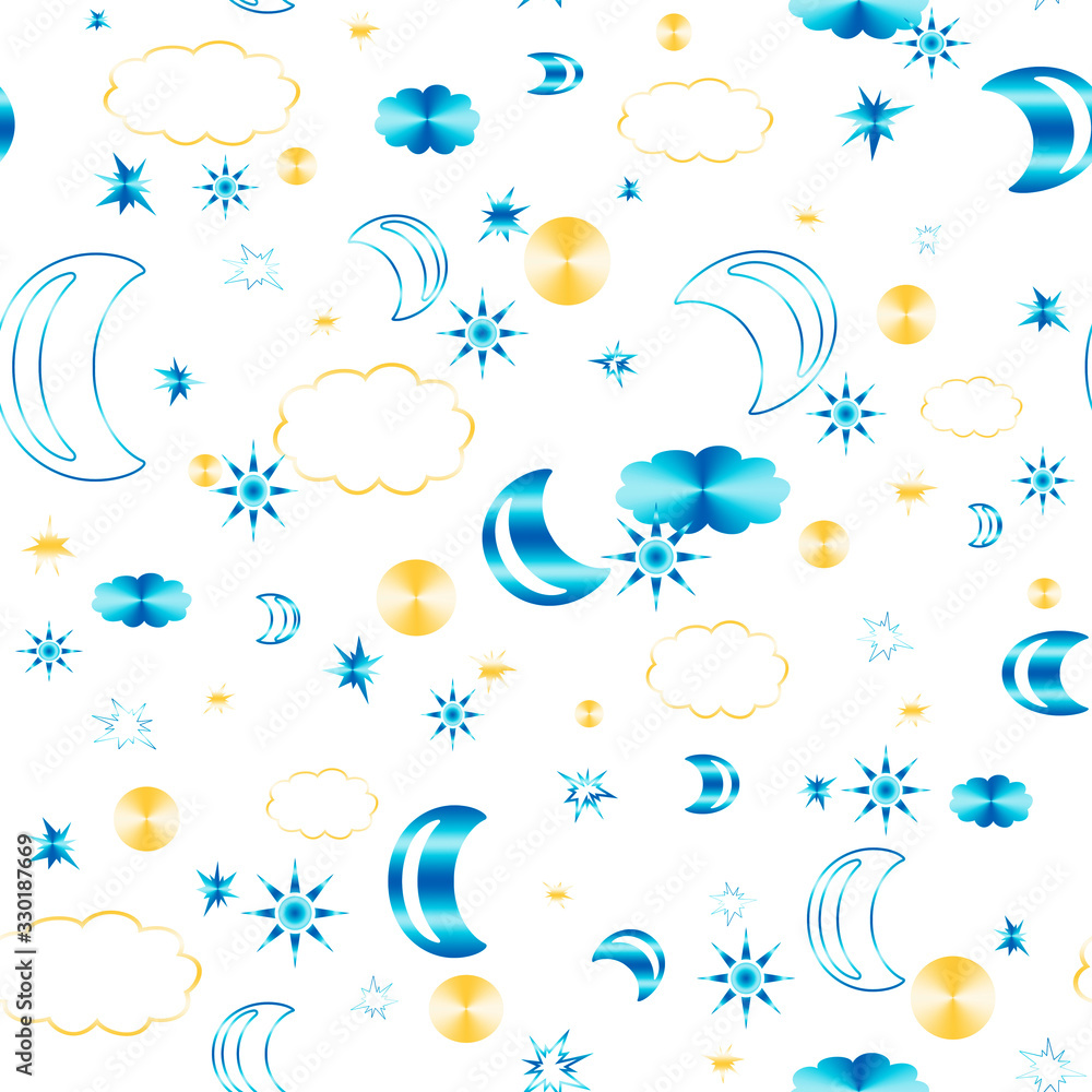 Yellow sun, blue star, circle, pattern seamless on gray background
