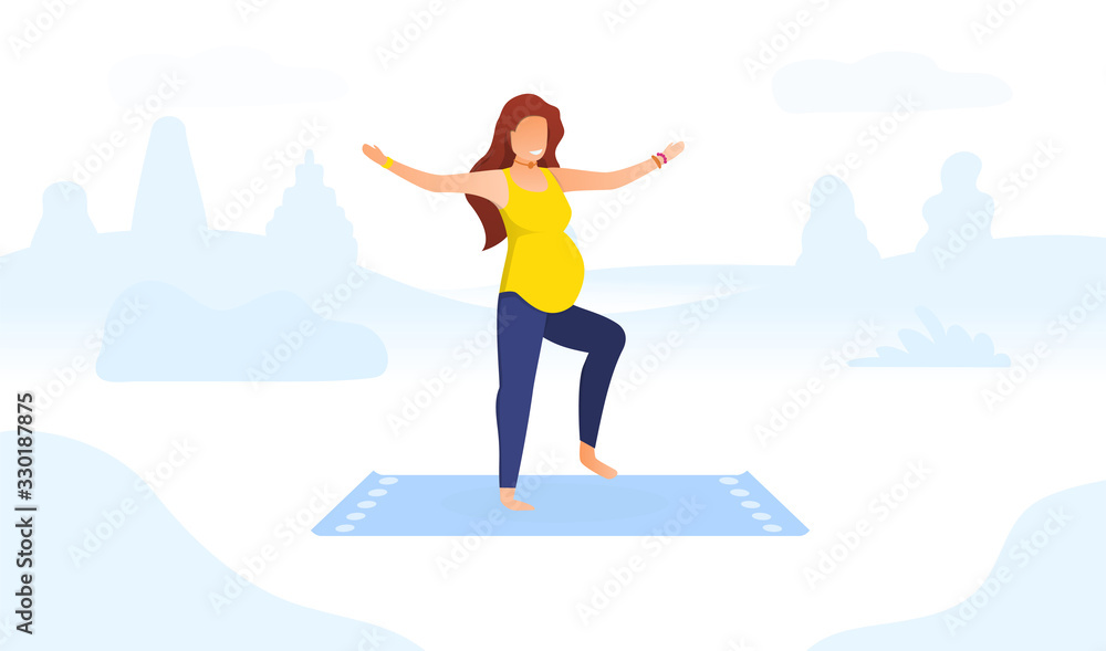 Yoga for pregnant concept. Simple image of a pregnant woman in yellow and blue clothing doing easy exercises at home on the mat