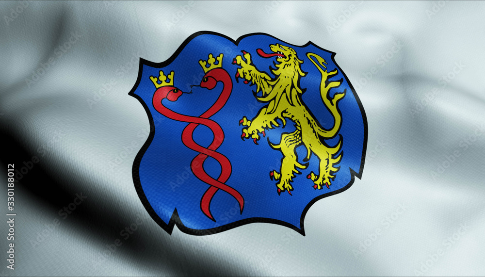 Fototapeta premium 3D Waving Germany City Coat of Arms Flag of Marktleuthen Closeup View