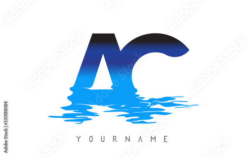 AC A C Letter Logo Design with Water Effect and Deep Blue Gradient.