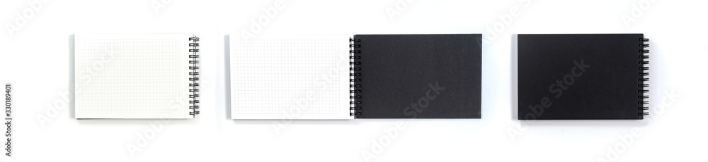 Business concept - Top view collection of black notebook on white background desk for mockup Business concept - Top view collection of black notebook on white background desk for mockup