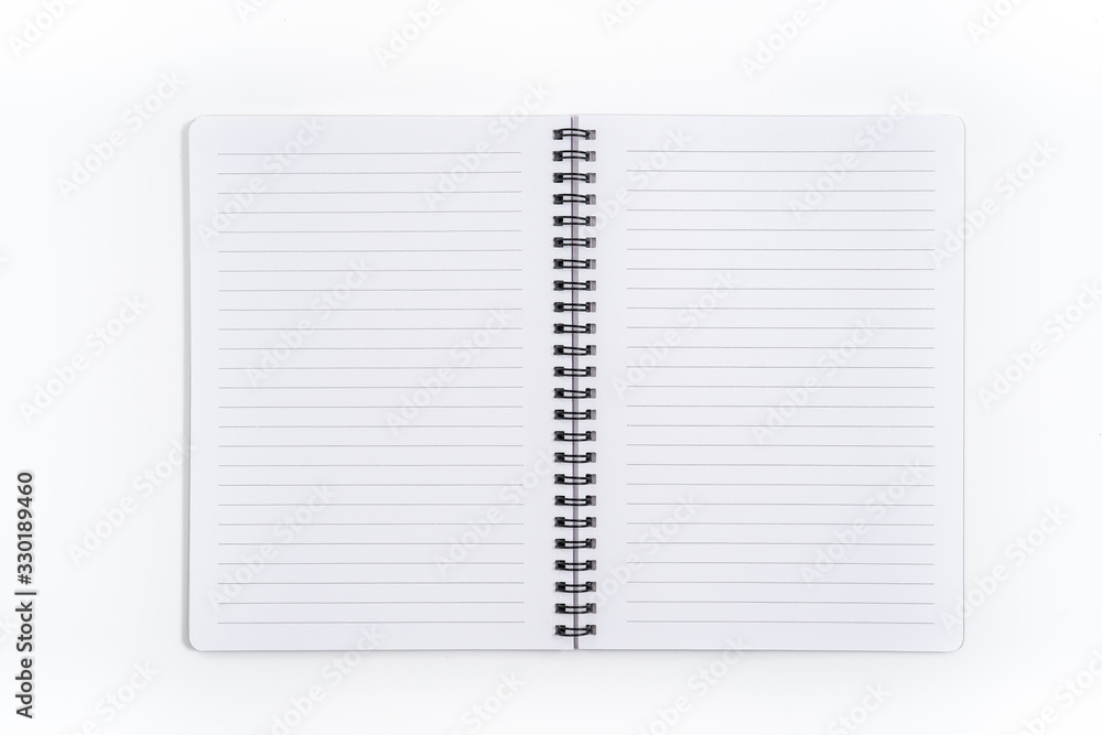 Business concept - Top view collection of spiral kraft notebook front, purple And white open page isolated on background for mockup Business concept - Top view collection of spiral kraft notebook front, purple And white open page isolated on background for mockup