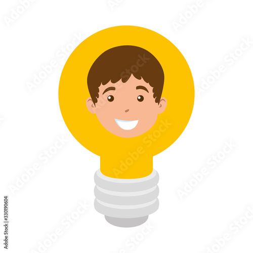 head of cute little boy in light bulb vector illustration design