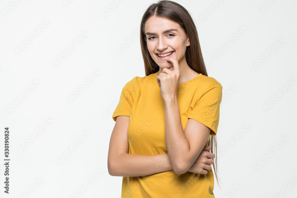 portrait of attractive caucasian smiling woman isolated on white background portrait of attractive caucasian smiling woman isolated on white background