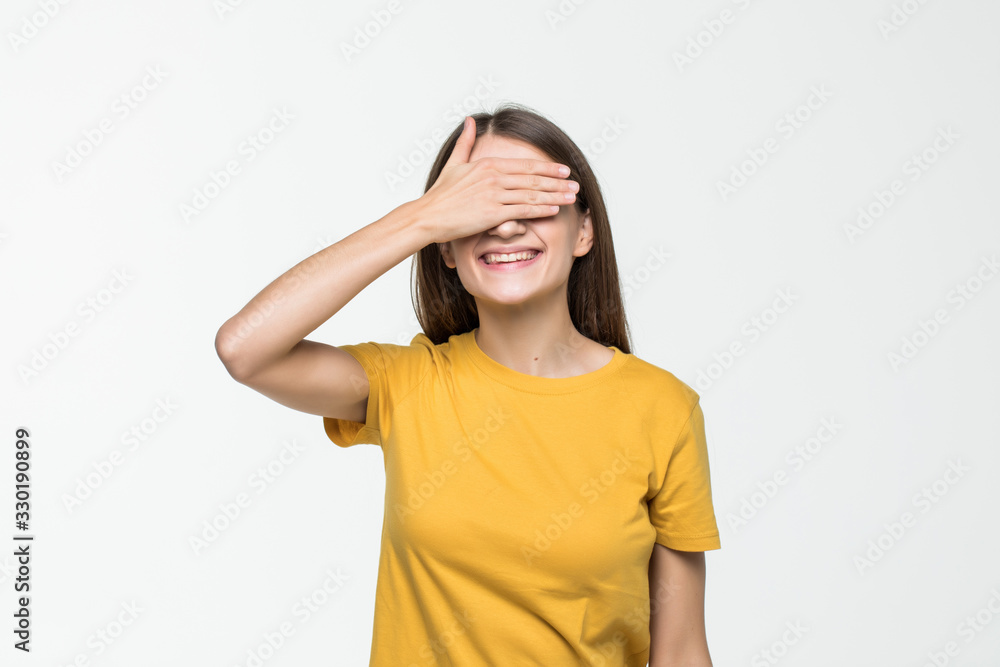 portrait of young happy woman with closed eyes by hand isolated on white background portrait of young happy woman with closed eyes by hand isolated on white background