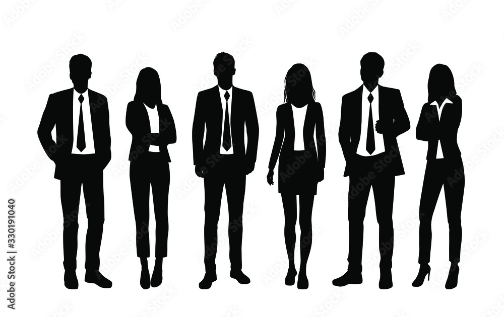 Vector silhouettes of  men and a women, a group of standing  business people, black and white color isolated on white background