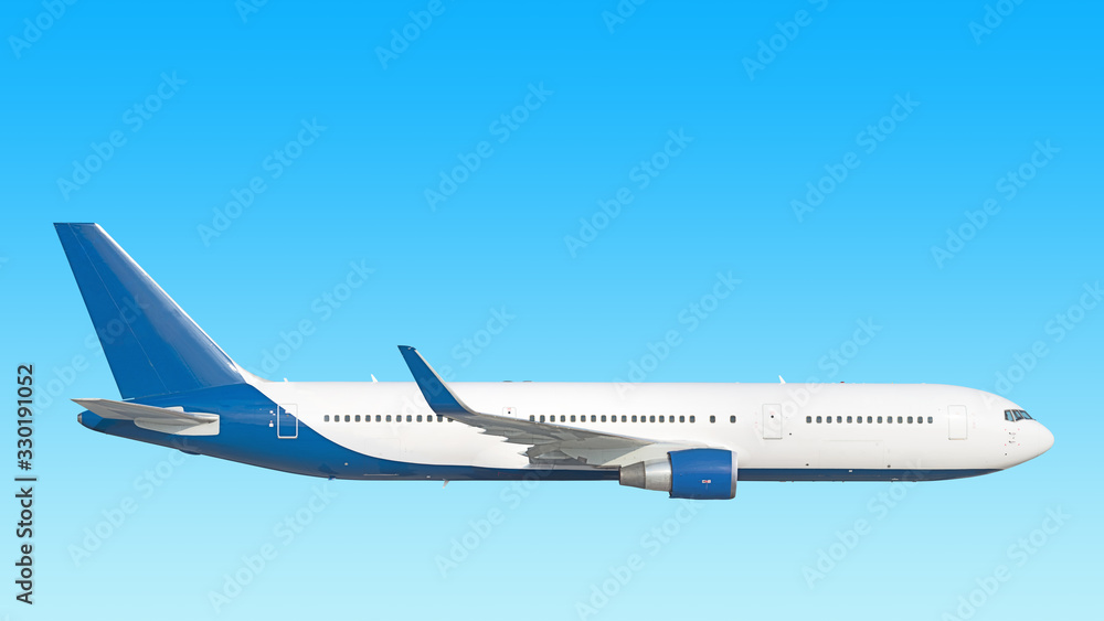 modern airplane side view isolated on blue sky background Passenger jet plane with gear up Commercial aircraft blue tail paint scheme Luxury business jet flying in air Aviation design reference