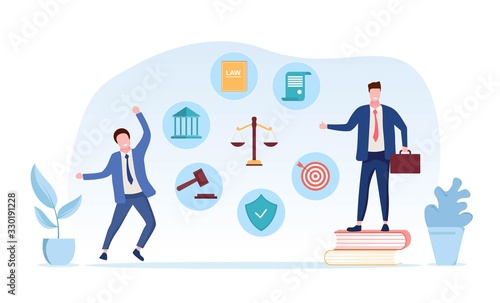 Businessmen and lawyers celebrating their winning the case in legal court. Flat image with icons on light background isolated on white