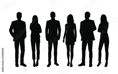 Vector silhouettes of  men and a women, a group of standing  business people, black color isolated on white background photo