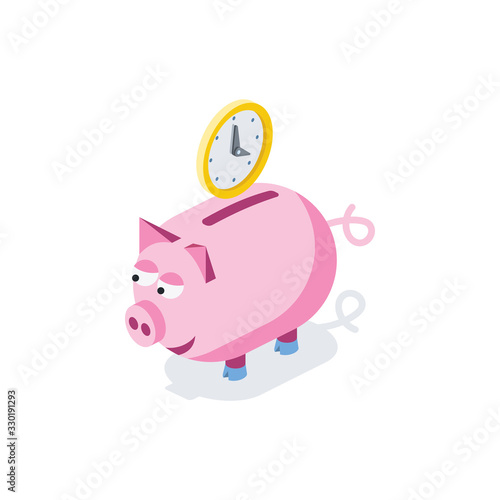 Piggy bank coins time clock. Vector 3d isometric, color web icon, new flat style. Creative illustration design, graphic idea for infographics.