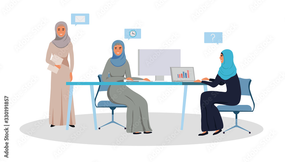 Successful and creative Arab businesswomen team working together on a project in modern office, sitting at the desk, wearing hijab. Image isolated on white background
