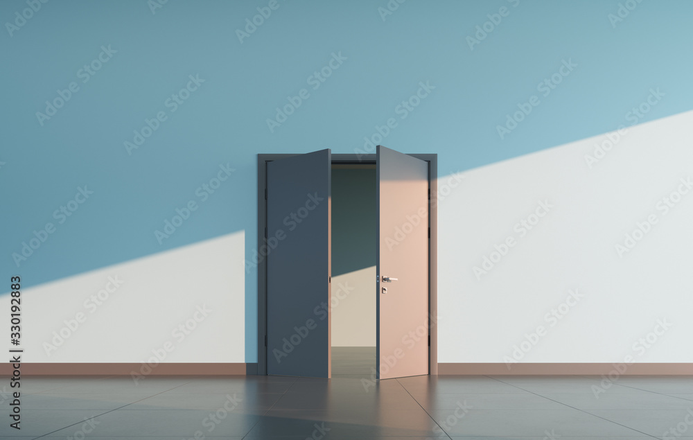 Partially open doors at empty public space interior. 3D render Partially open doors at empty public space interior. 3D render