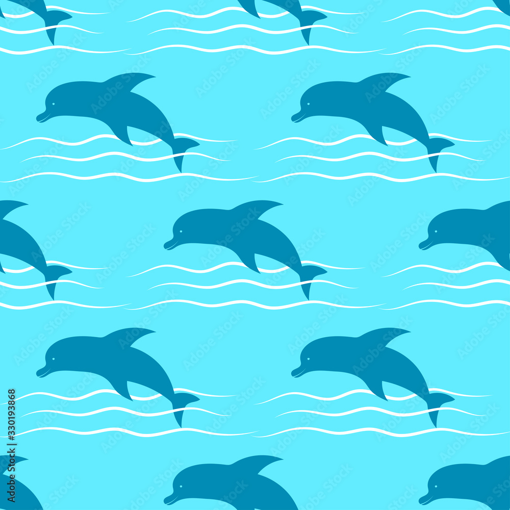 Naklejka premium Blue dolphins in the sea. Seamless pattern. Vector graphic illustration. Texture.