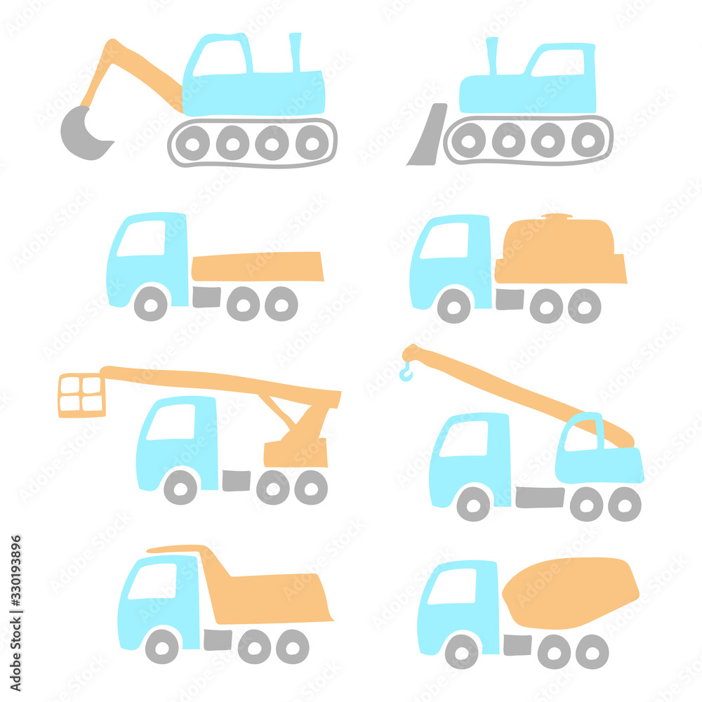 Set of cartoon construction equipment. Colorful trucks and tractors. Side view. Vector graphic hand illustration. Isolated object on a white background. Isolate. Set of cartoon construction equipment. Colorful trucks and tractors. Side view. Vector graphic hand illustration. Isolated object on a white background. Isolate.