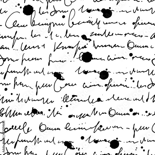 Abstract text seamless pattern, imitation of script, hand drawn ink vector letters, handwritten script with blots isolated on white background