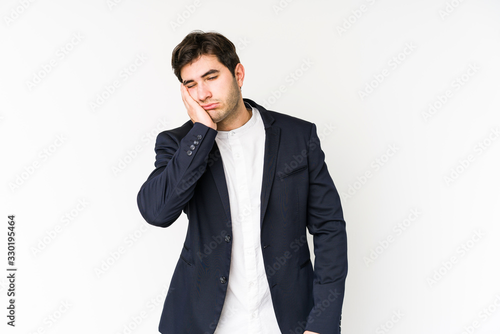 Young business man isolated on white background who is bored, fatigued and need a relax day. Young business man isolated on white background who is bored, fatigued and need a relax day.