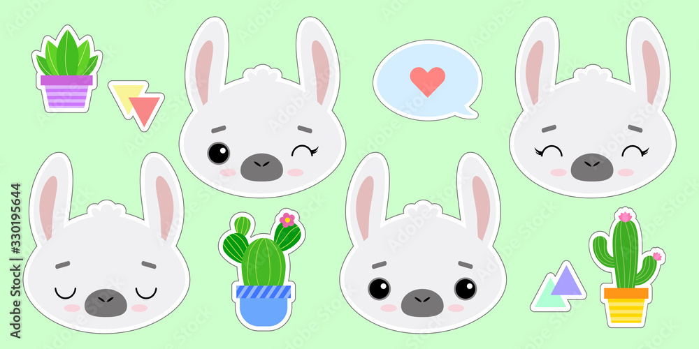 Fototapeta premium Cute vector illustration of a llamas. Stickers emotional alpacas, cacti and other elements. Design for children, poster, print on fabric, greeting card .