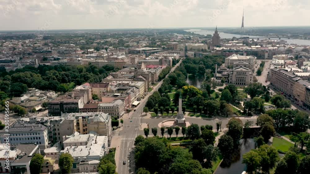 RIGA, LATVIA - MAY, 2019: Aerial top view of the Brivibas square with monument of freedom, city park and Riga's city. RIGA, LATVIA - MAY, 2019: Aerial top view of the Brivibas square with monument of freedom, city park and Riga's city.