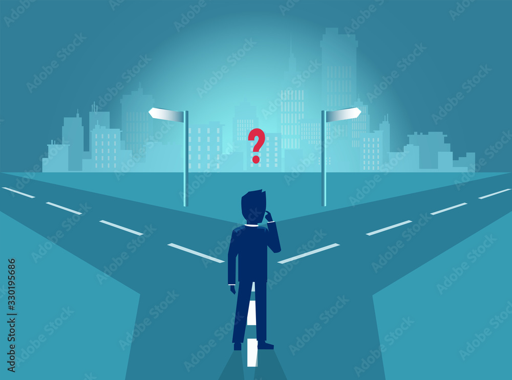 Vector of a business man standing at crossroads feeling confused trying to make the right choice Vector of a business man standing at crossroads feeling confused trying to make the right choice