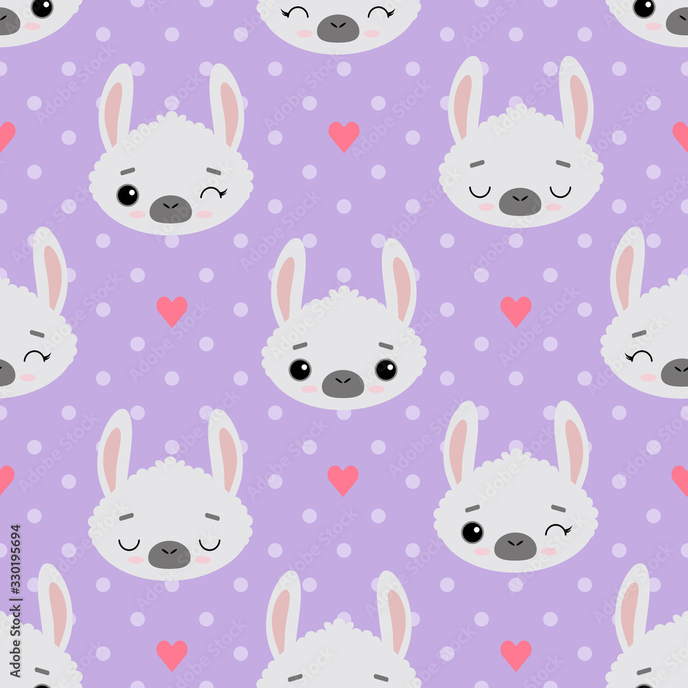 Seamless vector pattern with llamas and hearts. Cute emotional alpacas on a purple polka dot background . For printing on fabric, Wallpaper, and children 's products.