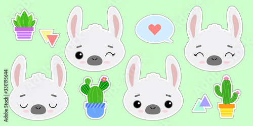 Cute vector illustration of a llamas. Stickers emotional alpacas  cacti and other elements. Design for children  poster  print on fabric  greeting card .