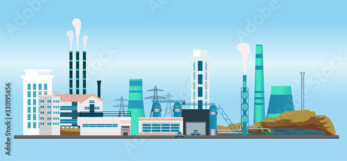 Vector of factory buildings polluting air