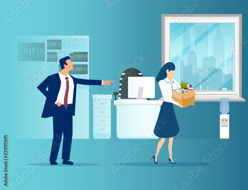 Vector of an angry businessman boss firing female employee.
