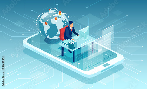 Vector of a business man working online in a mobile social media platform communicating with customers worldwide