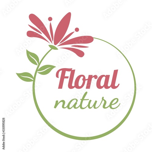 Vector illustration of a pink flower with green leaves and cursive text for logos and designs.