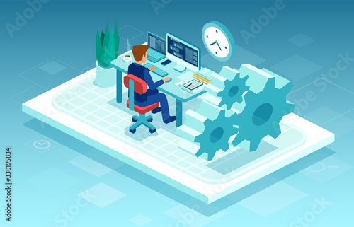 Vector of a man working on pc at his desk, freelancing from home