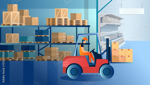 Vector of a warehouse worker operating a forklift machine loading cardboard boxes