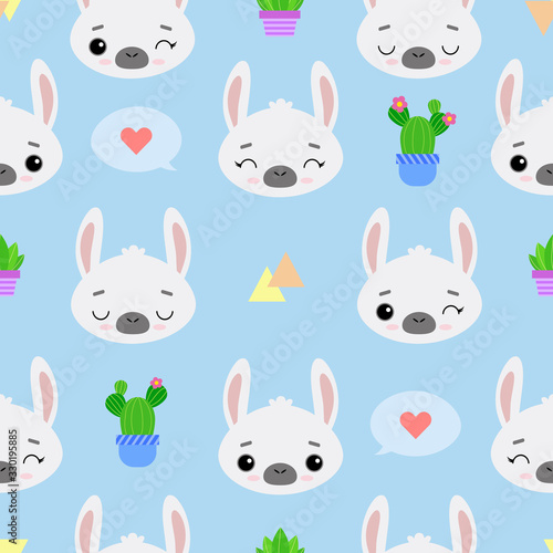 Seamless vector pattern with lamps, cacti and various elements. Cute emotional alpacas on a blue background. For printing on fabric, Wallpaper, and children 's products.