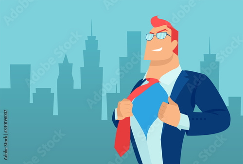 Vector of a super hero business man on a cityscape background